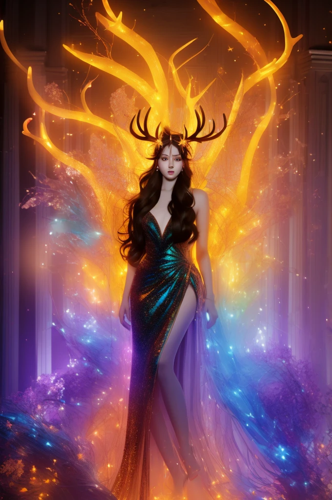 masterpiece,best quality,1girl,((full_body)),fantasy art,with huge glowing antlers on his head,a bright evening gown in a sparkling star-light,delicate creature armor,dopamine color,solo,long hair,a slender figure,looking at viewer,lips,bare shoulders,explosion effects,self-luminous,
masterpiece,best quality,1girl,full_body,solo,long hair,black hair,lips,bare shoulders,parted lips,explosion effects,self-luminous,iridescence:1.2,jewelry,long hair,