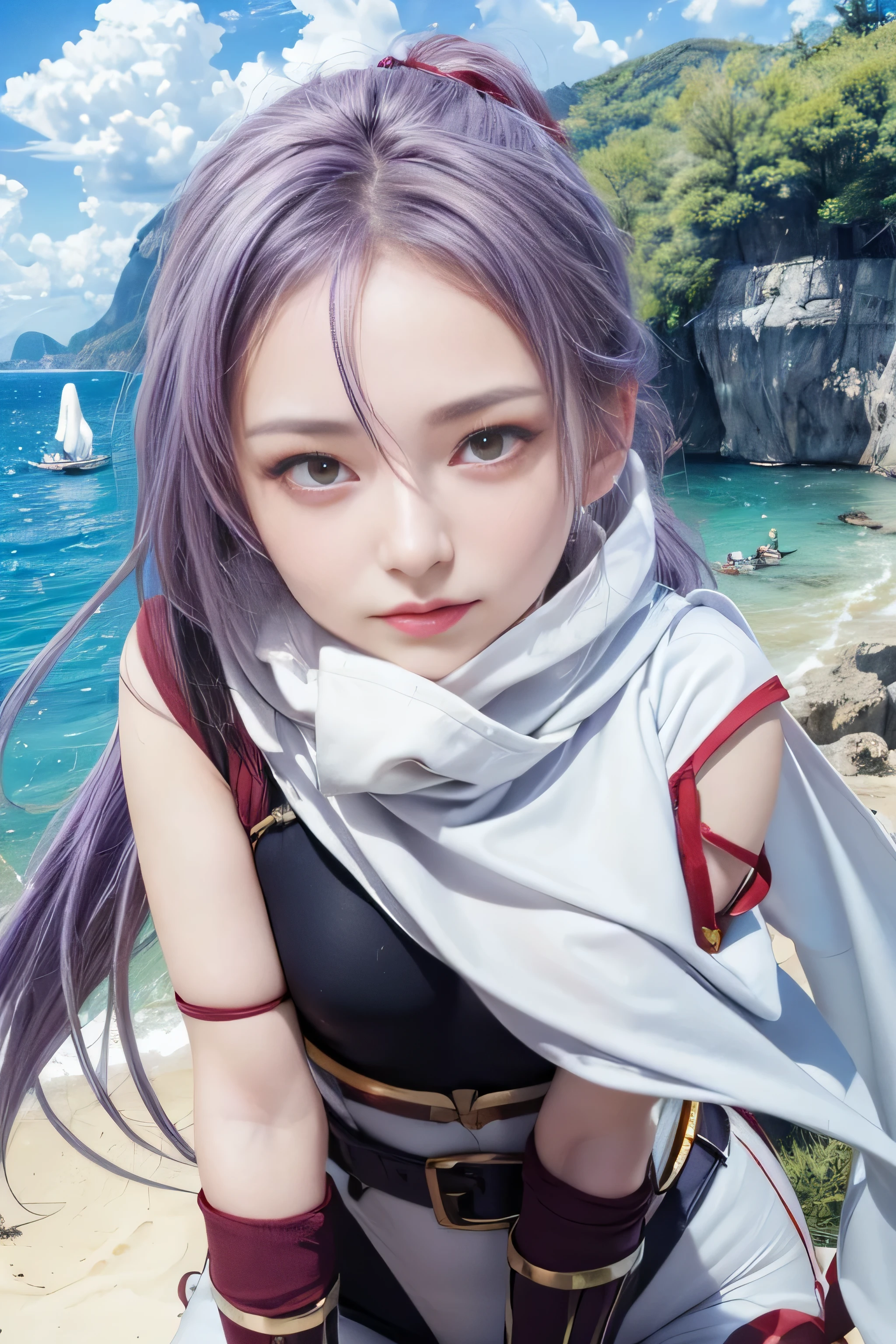 masterpiece, best quality, (realistic,photo-realistic:1.4), (RAW photo:1.2), extremely detailed CG unity 8k wallpaper, delicate and beautiful, amazing,finely detail, official art, absurdres, incredibly absurdres, huge filesize, ultra-detailed,extremely detailed eyes and face,light on face,little smile,sinon,(purple hair:1.4),short hair,(wearing gold bodysuit:1.4),(wearing white robe:1.3),(ponytail:1.3),garden background,(hair between eyes:1.4),(red eyes:1.5),(white pants:1.3),belt