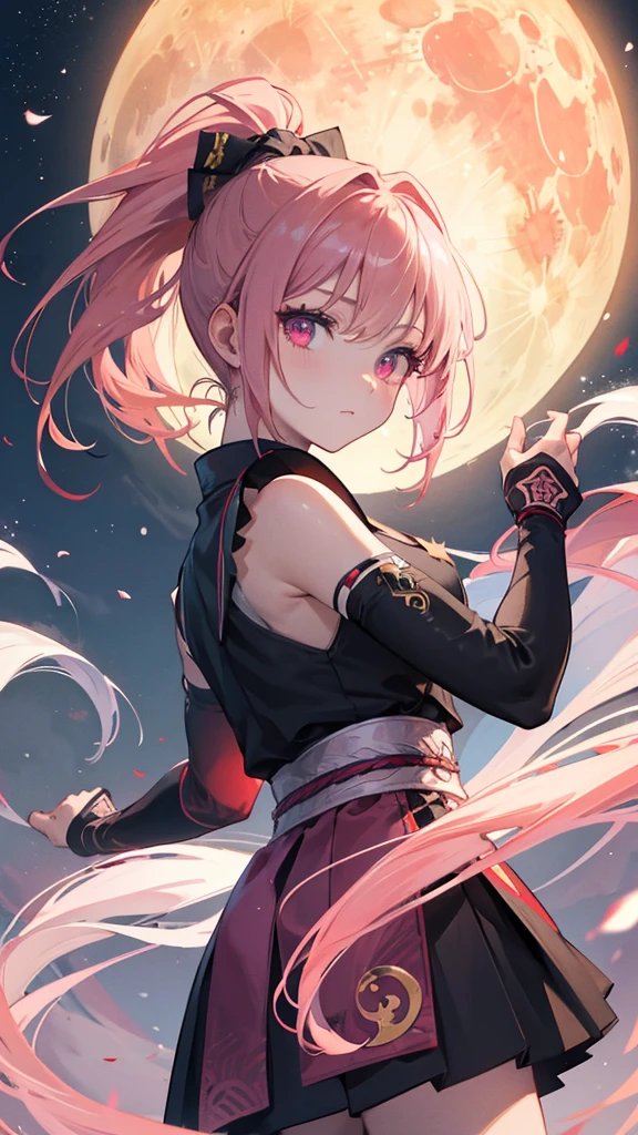 Best quality, Ultra detailed, best quality, insanely detailed, beautiful, masterpiece, 8k,
break
(full moon:1.2), red moon, eye patterned moon,
break
1lady, solo, pink hair, (short hair:1.2), (high ponytail :1.5), yellow ribon ,ultra deltailed iris, red eyes, ultra detailed eyes, triple circle patterned eyes, kunoichi wear, pink wear, no pattered wear yellow skirf, skirf covered mouth,
Break
Upper body, from front,