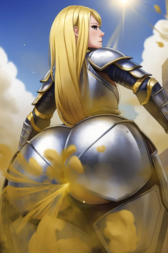 depth of field, perfect lighting, light particles, female, human, goddess, (sexy, long blonde hair)solo, outdoors, (butt facing viewer), ((armour)), (((farting))), macro,