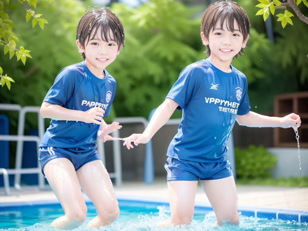 hot summer、、Summer swimming pool、Have fun、Get wet all over、Japan Boy、Glowing water splashes、Pool lessons、Boy playing in water、The happy boys、Strong sunlight、Short sleeve gym uniform、Blue shorts、barefoot,Boys only 、10age、high resolution、masterpiece