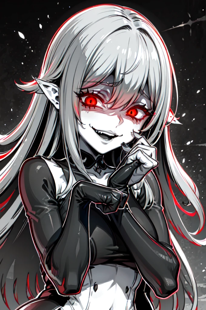 despair, haunting, collarbone,  thorns,hair between eyes, yoshitaka amano character design, style by NTY, morbid, solo (gesugao), gesugao facial expression, sadistic smile,  big ,to evil smirk,latex hands,latex fingers,too evil huge laugh,sadistic smile,deep shaded face,,smile worst,worst ridecule,too evil moukery,,laugh full of malice,elbow gloves,Human Ear,dark world background,
