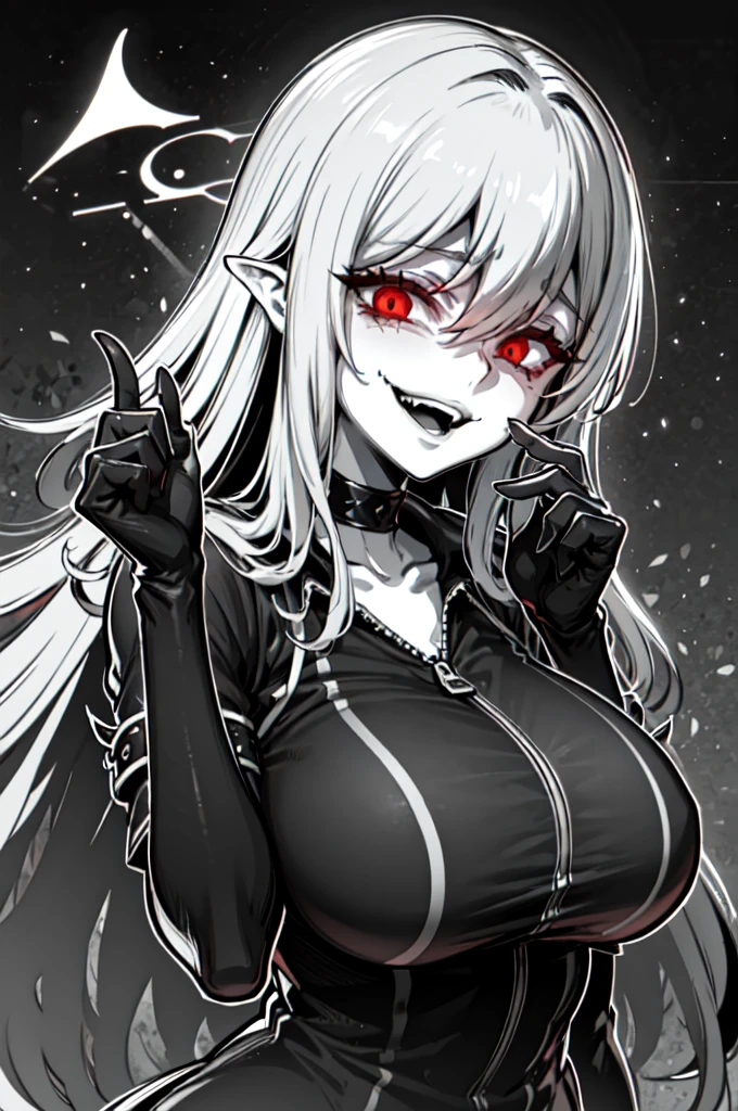 (1girl, split head, tongue out, saliva) (digital) (from below, in detailed casino, (short jumpsuit)) , best quality, <lora:boldline:0.2> <lora:hairdetailer:0.2> monster girl, extra mouth, sharp teeth, bodyhorror, <lora:bodyhorror:1>