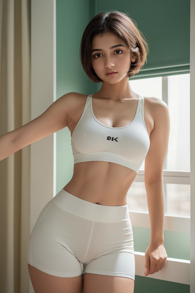 Create a character: Mina (Meena) (Masterpiece:1.3), (8K, realistic, raw image, best quality: 1.4), age: 19 years,Small body, white and yellow skin, short hair, C cup breasts, small waist, curvy butt, slender legs.,Wear shorts., sufficient breasts,(sports bra:1.1),
