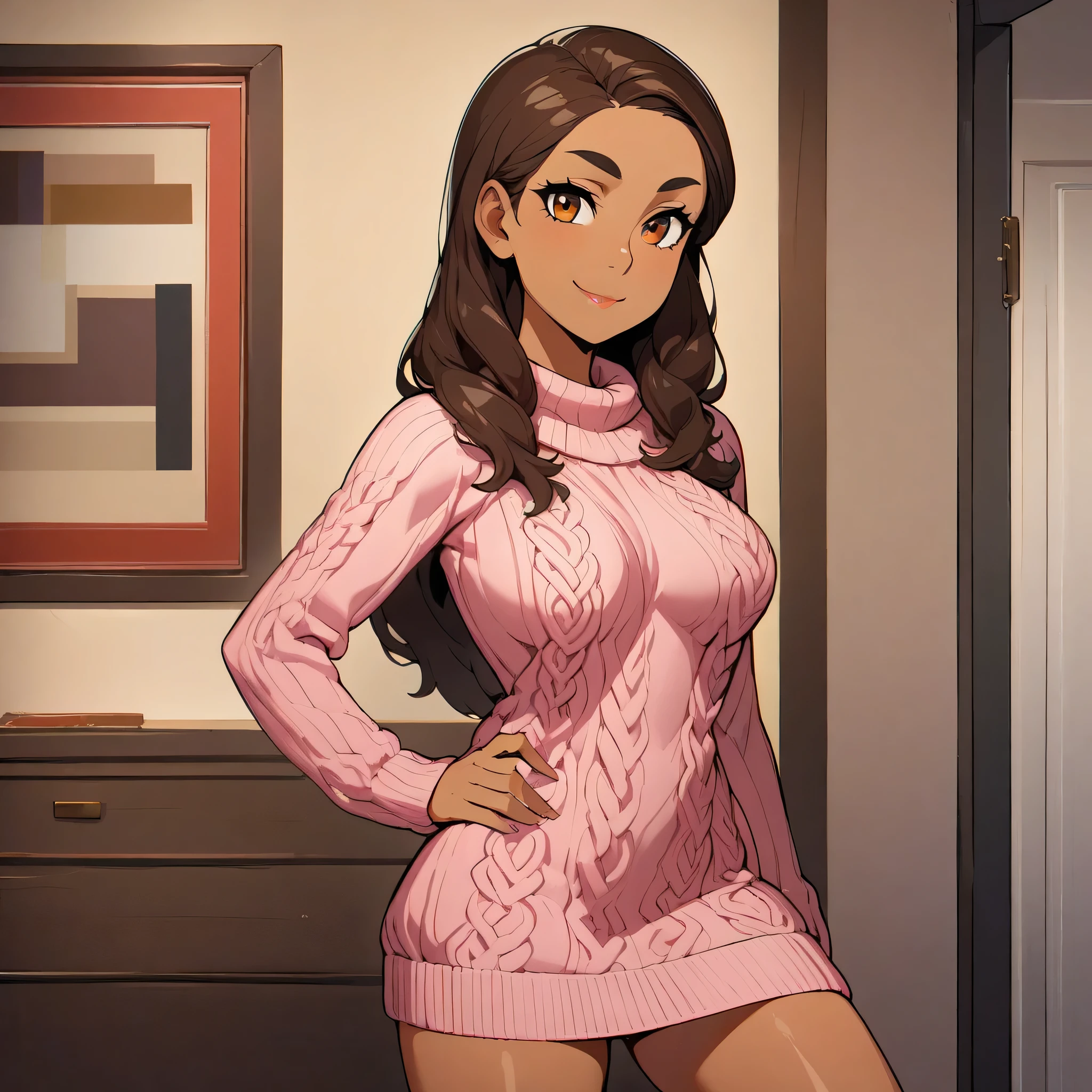 1 human girl, beautiful, standing at the corner of her room, full view of her decorated room, masterpiece, lights, highly detailed, upper_body, Round_breasts, looking at viewers, wearing a Knit sweater dress with cable patterned, smiling, showing her dress, Hand on Hip Pose, Eyes Large, almond-shaped, dark brown, Nose Narrow and slightly hooked, Lips are Medium, natural pink, Hair Long, straight, dark brown, Skin Tone Warm medium with a golden undertone, Eyebrows Thick and arched, Cheekbones is High and defined, Chin is Rounded, ears are Small and close to the face, Resilient and determined