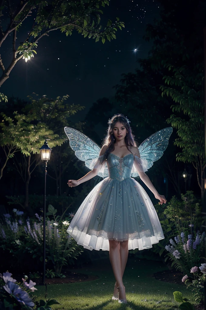 high quality, 8K Ultra HD, Enchanted Moonlit Garden, In the heart of the garden stands a beautiful graceful fairy-like figure, adorned in delicate, flowing garments that shimmer with starlight, Her wings glisten with moonbeams as she spreads a sense of wonder and tranquility, Step into a realm of enchantment with this mesmerizing digital artwork, The scene unfolds in a moonlit garden filled with ethereal beauty, Glowing moonflowers and luminescent fireflies create an otherworldly glow, casting a magical ambiance over the scene, The color palette is a delicate mix of cool blues and soft pastels, by yukisakura, highly detailed,