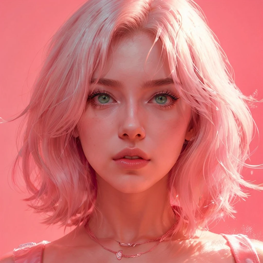 young woman, long pink hair, wide forehead, porcelain skin, pink eyebrows, big emerald green eyes, buttoned nose, thick lips, heart-shaped face, slender body, small breasts, pink leather dress, Sakura Haruno, realistic, realism black details 3d

