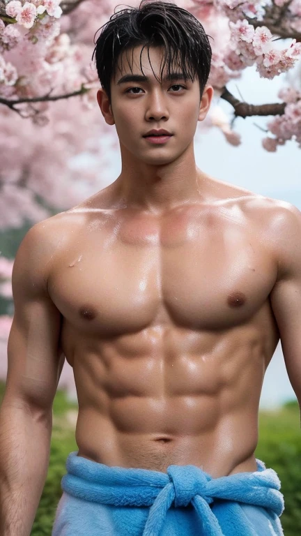 (Photorealistic: 1.2, Top Quality, 8k, Wet: 1.3), (Man, hands on his chest), 20-year-old blonde naked  Ukrainian bodybuilder, actor, cherry blossom patterned yukata, no underwear, (sweat: 1.2, wet: 1.2), fine skin, (film lighting, chest hair, arm hair), soft light, double eyelids, (seductive), (((excited)), full naked, expose his big penis, men penis, corrected shape penis, 