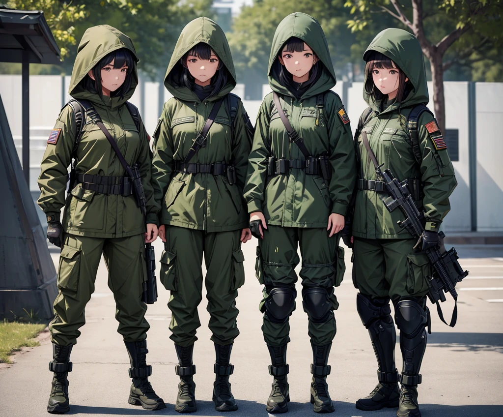 Four female soldiers standing side by side、All wear dark green M-51 hooded military uniforms、Hooded on head、Magazine Pouch、Tactical shoulder strap、Military Pants、Knee pads,Write details、masterpiece、best quality、Highly detailed CG、8K picture quality
