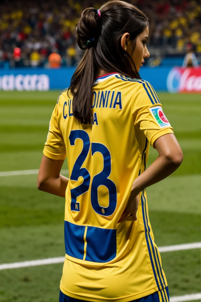 Brunette woman from behind wearing a Colombia shirt with the number 26 and name Lucia