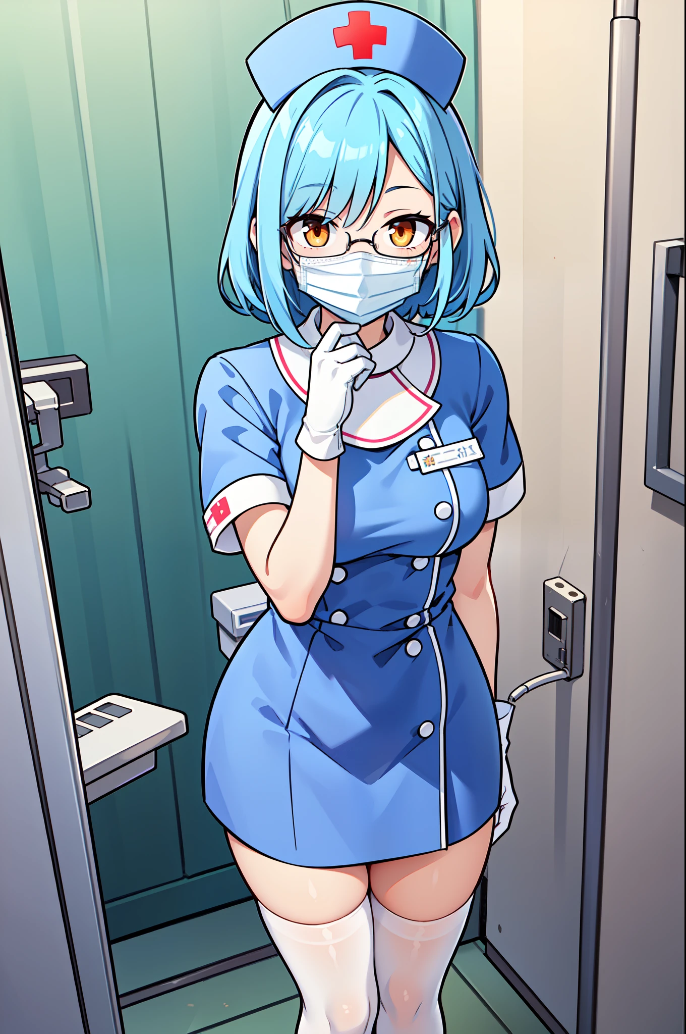 1woman, solo, nurse, white nurse cap, white nurse uniform, ((white legwear, zettai ryouiki)), white gloves, glasses, blue hair, orange eyes, ((white surgical mask, covered nose)), standing, ((hospital room)), sharp outline, short sleeves, mature female, 35 years old, best quality, masterpiece