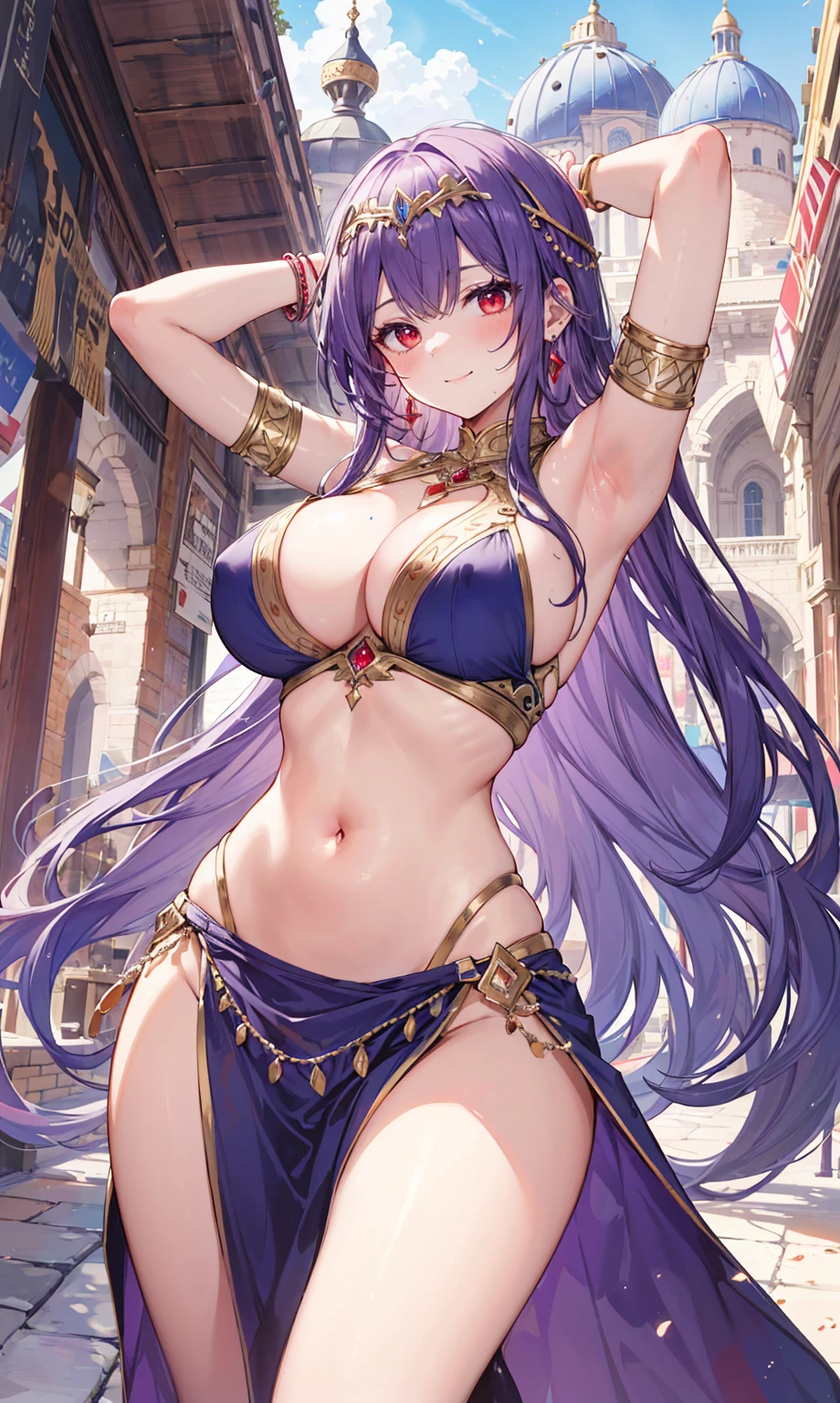high quality, ultra detailed, best quality, insanely detailed, beautiful, masterpiece, 1girl, medieval plaza, cowboy shot, red eyes, long hair, purple hair, belly dancer, circlet, earrings, armlets, bracelets, bashful smile, large breasts, cleavage, soft stomach