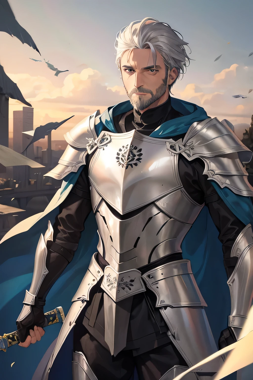 masterpiece, Highest quality, 1 person, elder, knight armor, Gray Hair, Gray Blue Eyes, Forked Hair, short hair, Shiny Beard, good looking, Masculine, Severe, kind, cold, expensive, quiet, Dark clothing, Glittering Armor, mysterious, Day, sun, heroic ,Outdoor, Cape, holding sword, sword，Uplifting，Brave，夕Day