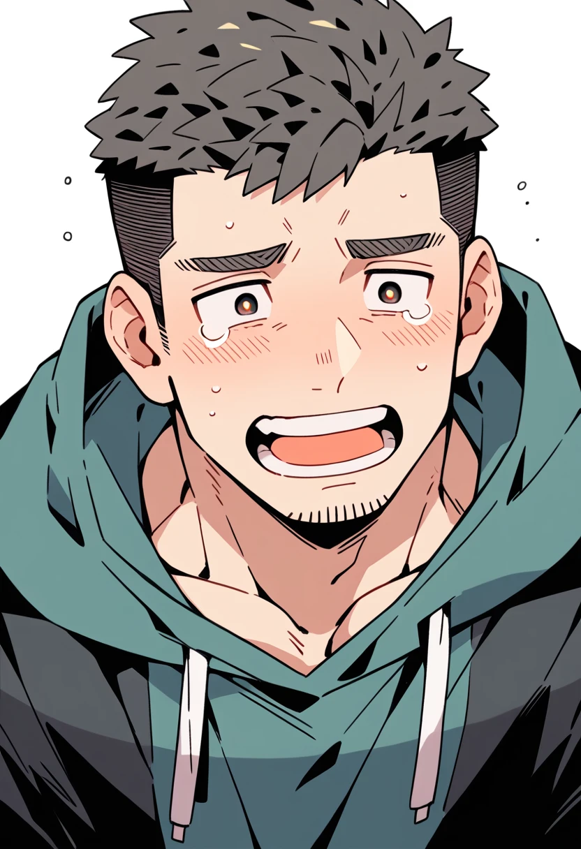 anime characters：Priapus, Muscle Sports Student, Manliness, male focus, Sports tight hooded sweatshirt, Very tight, full and perky chest muscles, muscular male, muscular, only, Upper body, alone, Black short hair, Thick eyebrows, stubble, Brown-red pupils, White background, simple background, amazing quality, best aesthetics, Ridiculous, crew cut, sad, crying, sobbing, blush, Grit your teeth, open mouth, negative space, best quality