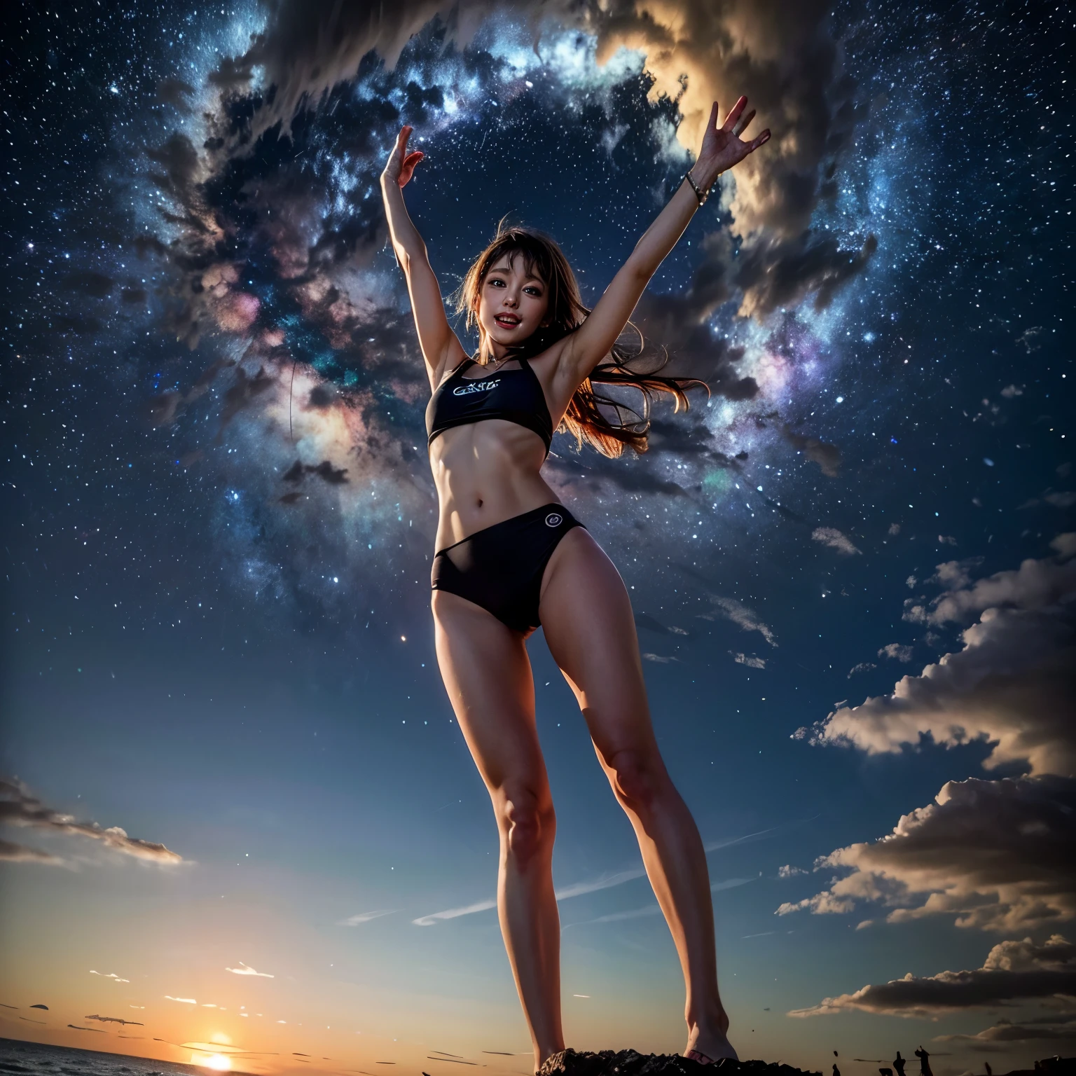 ManoErina, Masterpiece of ProfessionalPhoto ((ExtremelyDetailed (12 PICHIPICHI KAWAII Girls Floating in The Air in a row:1.37) in WHITE at Dusk Enoshima Beach)), {(Standing Full Body:1.2)|(from below:1.2)}, Different types of hair colors, {(skinny(SchoolSwimwear))|(SchoolUniform)with Tiny AthleticShorts}, {Detailed Childish hand|Hidden hand|Armpit|Different types of breasts of various sizes from HUGE to FLAT|(Clearly Visible the shape of Butt)}, Joyful Expressions LifeLike Rendering, PerfectLighting, (Dazzling Horizon Visible through ThighGap), (Starry IridescentParticles:1.22) ColorfulClouds