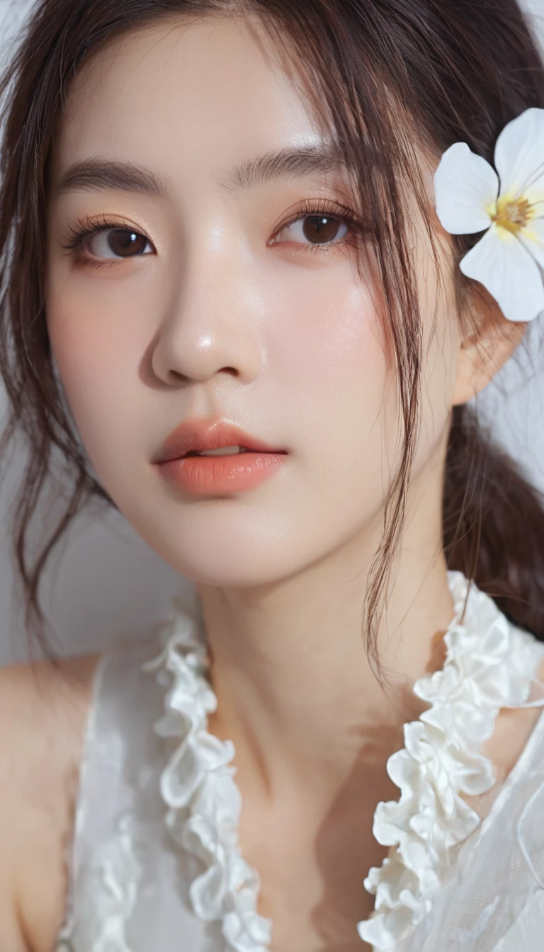 ((of the highest quality, 8K, masutepiece: 1.3)), Women, face zoom up, White frill blouse, Big breasts, cleavage, In the bed room, Overhead camera, Sharp Focus: 1.2, prety woman: 1.4, ((cute Hairstyle)), Highly detailed face and skin and hair texture, Detailed eyes, Double eyelids, beautiful delicate nose, Cute young Japan woman, 18 years old, while emphasizing the theme、pleasing to the eye、tome&#39;thought-provoking composition., Eyes, Mouth and behavior, The contrast between light and shadow creates a unique sense of sadness...、Dynamic angle background blur