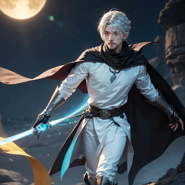 ((1 men)), ((ultra realisitic)), ((picture-perfect)), ((face perfect)), ((ultra detaild)), ((fully body)), ((perfectbody)), Ragna is a boy with a slim and built body. Your hair is silver and short, while your eyes are light cyan. Initially he wore armor, but since obtaining the Silver Martial Arts, he only wears light clothing and boots because of his fighting style, covered in a long, thick cape with a long neck. When you fight, he wears the cape on his hip. After Ragna joined the Cult of the Sun, your cover looks a little different, with the symbol of the Cult of the Sun on the back. Ragna now also wears an earring.