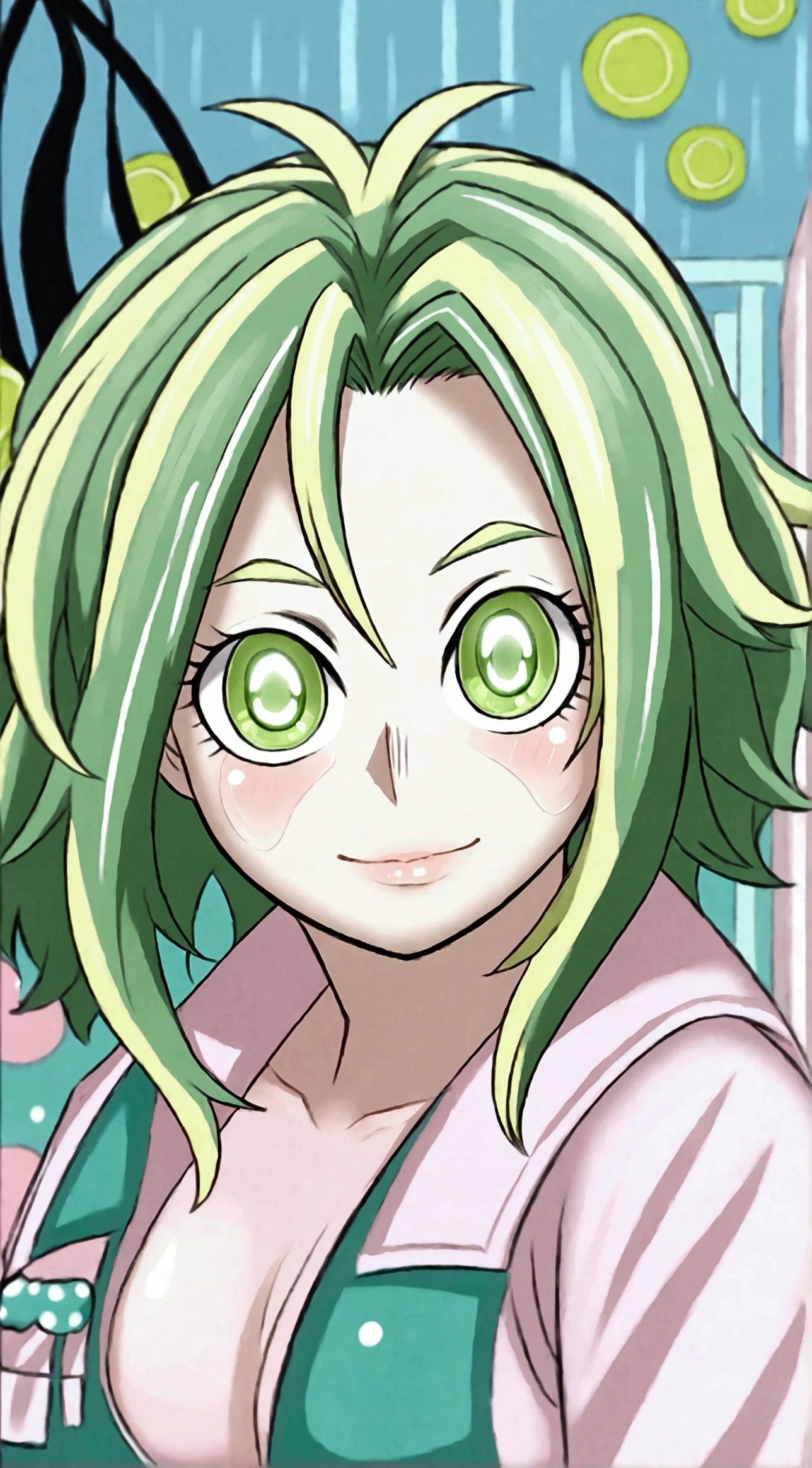 lady nagabt of mha, MHA anime style, strong green haired woman, green hair with lime green parts, messy and unusual hair, short eyebrow, green neon suit hero, cabelo com dark and light strands, dark and light strands, olhar fofo,  soft lips, ssmile, dark and light strands, beautiful lighting. Lime eye, cute Smile , big hair