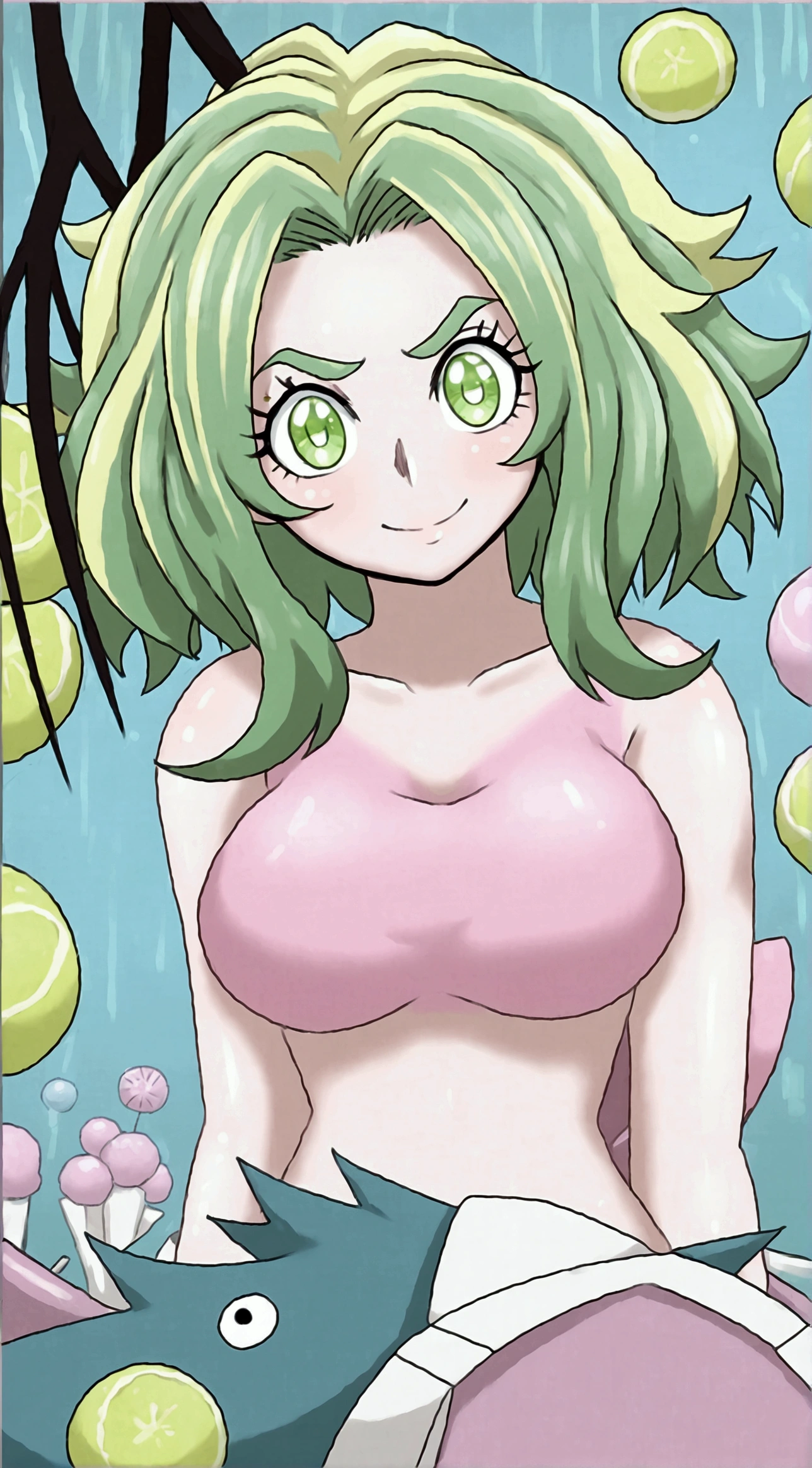 lady nagabt of mha, MHA anime style, strong green haired woman, green hair with lime green parts, messy and unusual hair, short eyebrow, green neon suit hero, cabelo com dark and light strands, dark and light strands, olhar fofo, soft lips, ssmile, dark and light strands, beautiful lighting. Lime eye, cute Smile , big hair