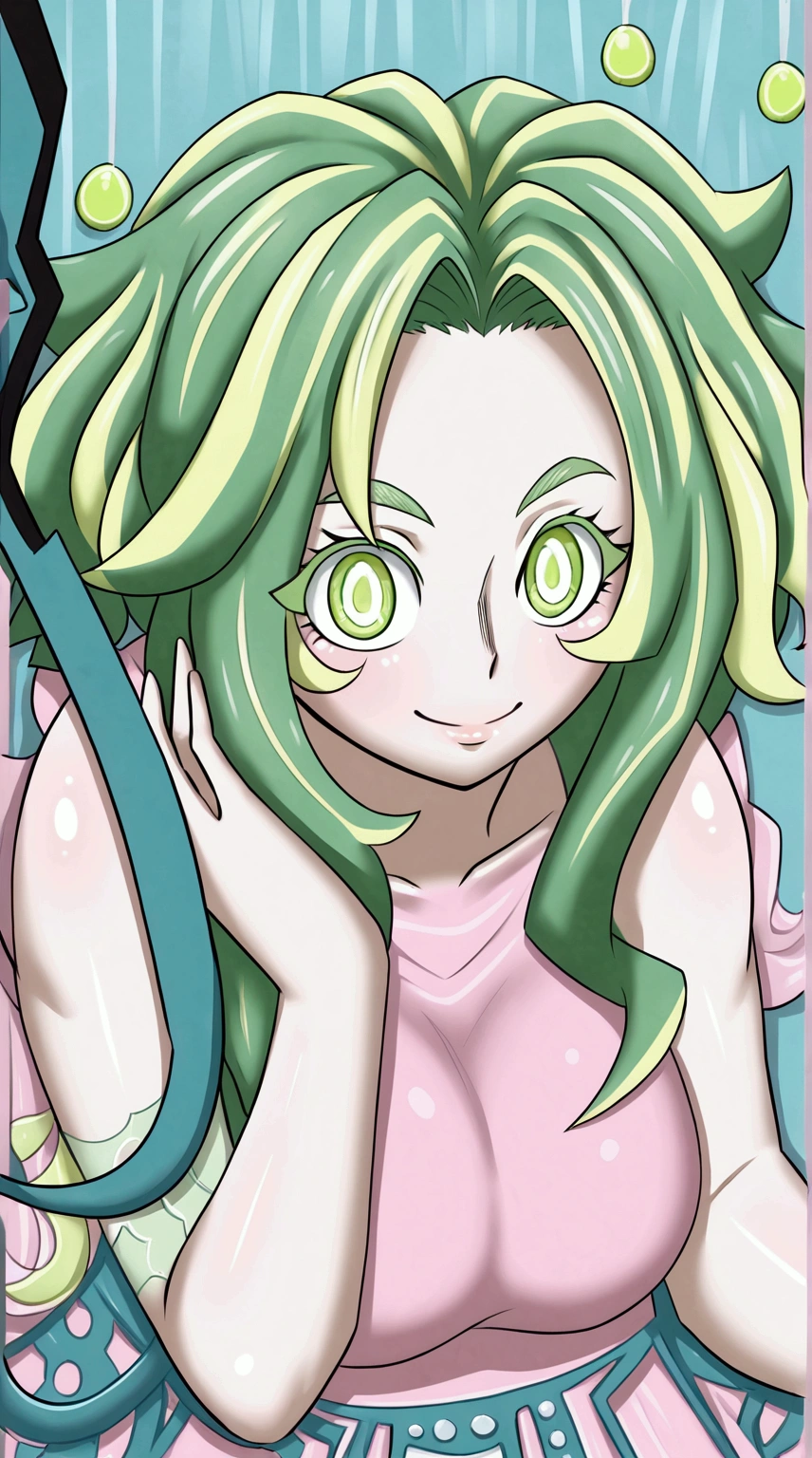 lady nagabt of mha, MHA anime style, strong green haired woman, green hair with lime green parts, messy and unusual hair, short eyebrow, green neon suit hero, cabelo com dark and light strands, dark and light strands, olhar fofo, soft lips, ssmile, dark and light strands, beautiful lighting. Lime eye, cute Smile , big hair
