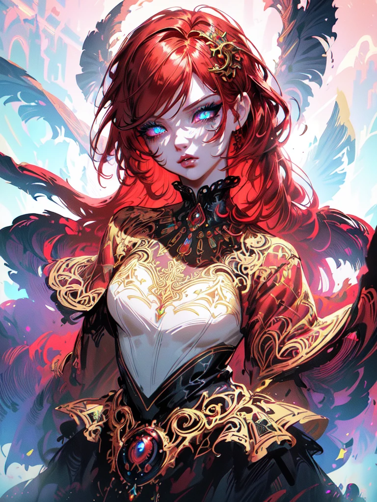 Red hair color,(masterpiece, best quality),(1 lady),(solo),(artstation),(dynamic),(charming),(magical),(unreal engine),(fantastically beautiful),(illustration),(dramatic lighting),(rave background),(neon glow),(maximalist),(extremely detailed eyes and face),(long eyelashes),(intricate details),(vibrant colors),(cinematic lighting),(fantasy portrait)