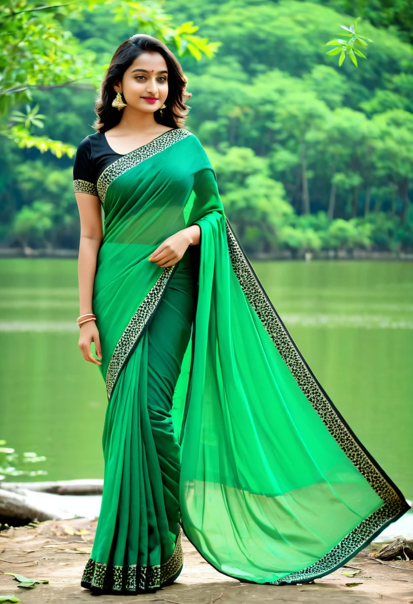 Create 25 years old India women ware Saree, green and black. Background is lake in forest.