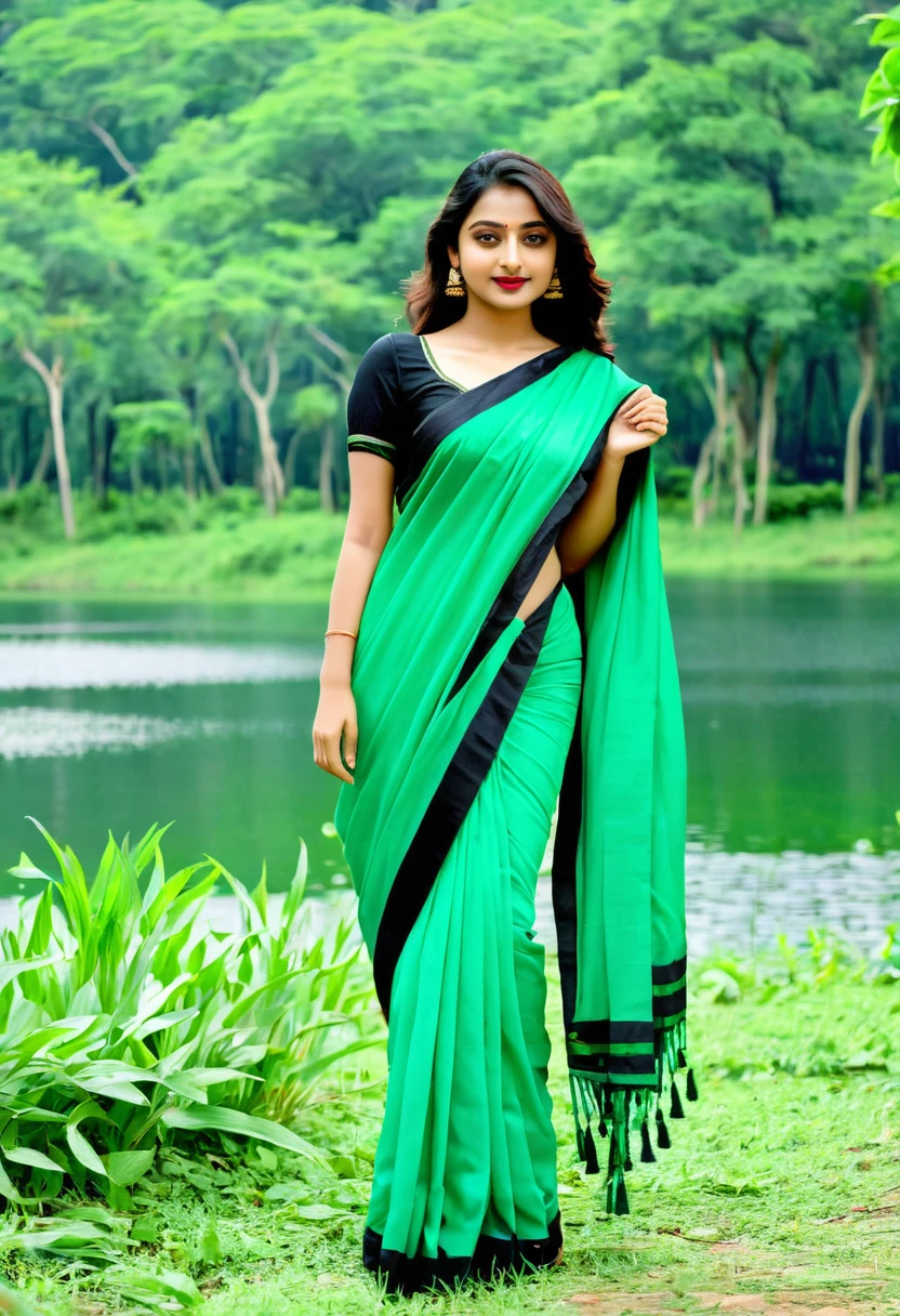 Create 25 years old India women ware Saree, green and black. Background is lake in forest.