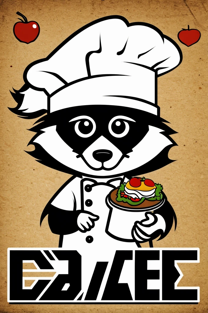 Generate a rectangular logo with a chef raccoon in the middle and around it it says Baja Events