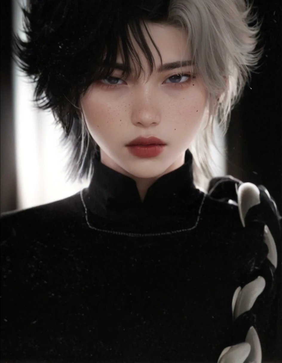 A boy with striking, greenish-brown eyes. Black hair. Freckles. Full, red lips. Dark circles.