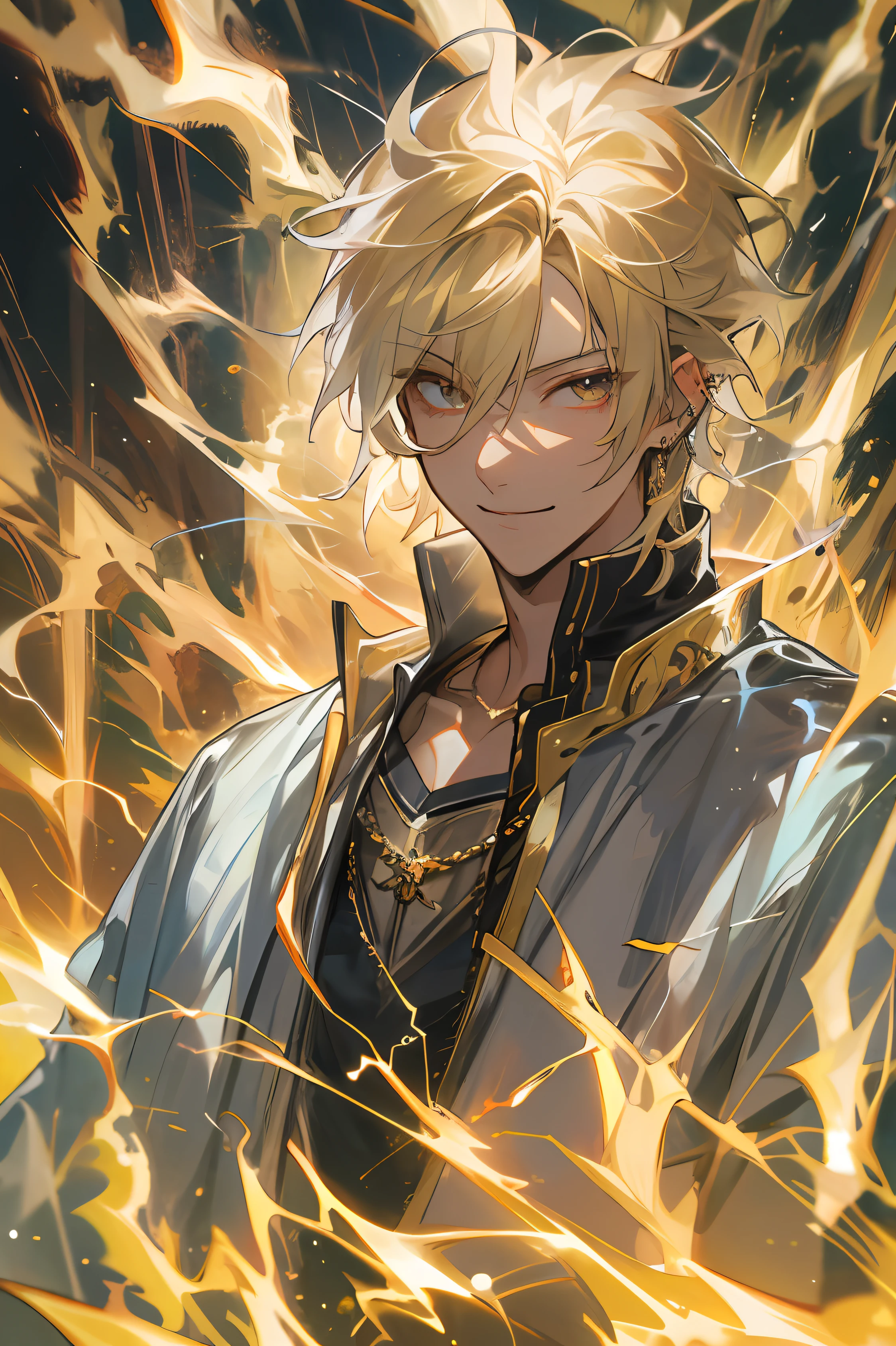 masterpiece, absurdity, small parts, HDR, One, Looking at the viewer, smile, shirt, blonde hair, 1 boy, hair between eyes, jewelry, jacket, golden eyes, upper body, male focus, earrings, necklace, ear piercing, FH , lightning magician, toned, lightning magician robe, Electrical aura, Early 20's,