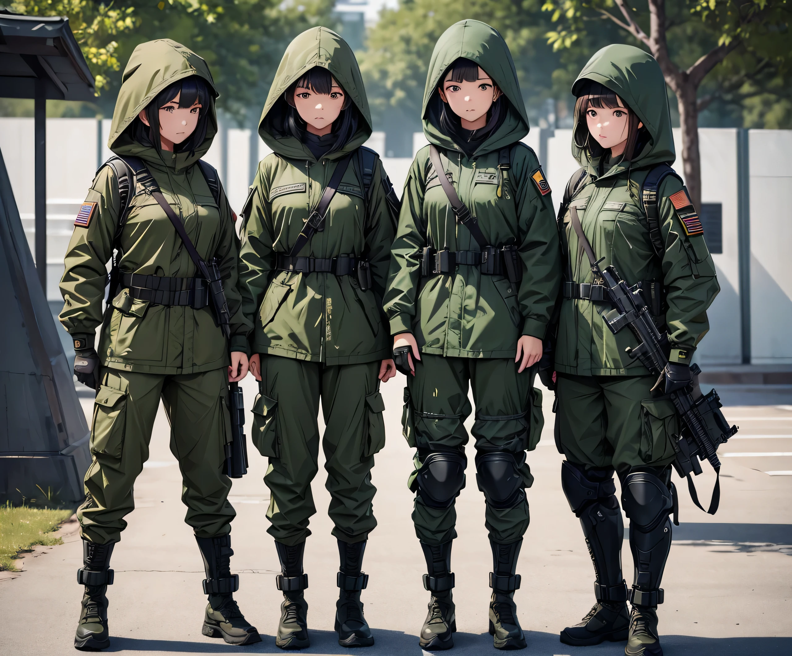 Four female soldiers standing side by side、All wear dark green M-51 hooded military uniforms、Hooded on head、Magazine Pouch、Tactical shoulder strap、Military Pants、Knee pads，Write details、masterpiece、best quality、Highly detailed CG、8K picture quality