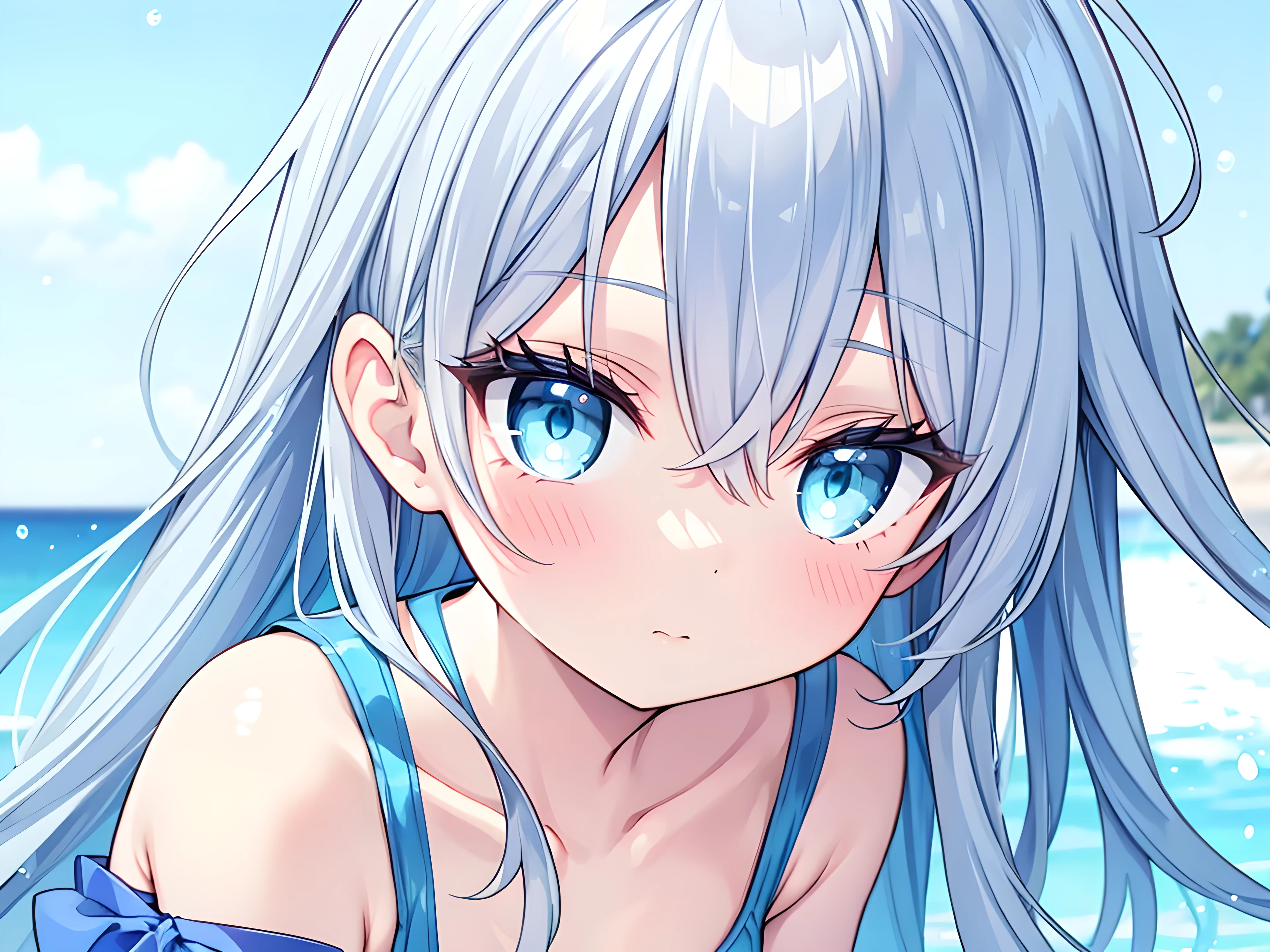 ((masterpiece)),(close up face:1.3),leaning forward,(light blue swimsuit,With floral pattern),(small breasts),glistening skin,
BREAK
1 girl,(silver hair), messy long hair,aqua eyes,,light blue swimsuit,morning,background blur