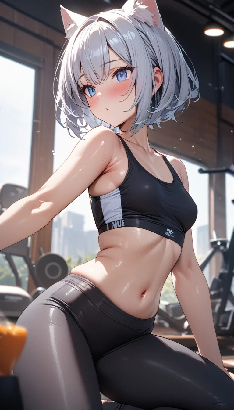 (((best quality)), ((masterpiece)), (details), masterpiece, best quality, high quality, ulutra detailed, perfect face, ((1girl, blue eyes, cat ears: 1.3 silver bob hair: 2.5,)) 、Shiny Hair、Glowing Skin、blush、Lustful look、Small breasts、Sports Bra、Yoga Leggings、Yoga poses、studio、Drink water、Side Angle、Sexy