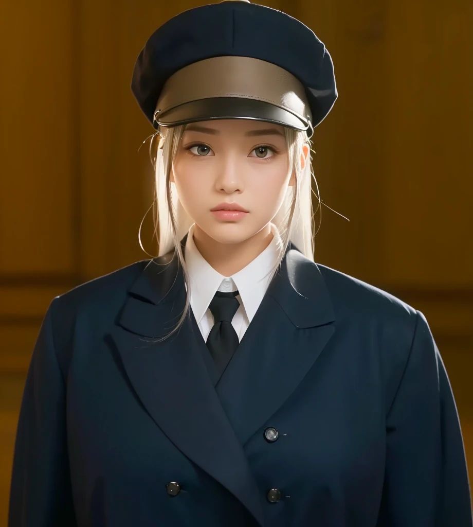 Female, (1girl:1.5), (exceptional, best aesthetic, new, newest, best quality, anime, waifu:1.2), keep the hat like the original, master piece, best quality, ultra detailed, absurdres, highres, colored, good anatomy, long silver hair, brown eyes, serious face, woman breast, sexy, plain bright blue coat, no shirt button, white inside shirt, peak cap, black tie,