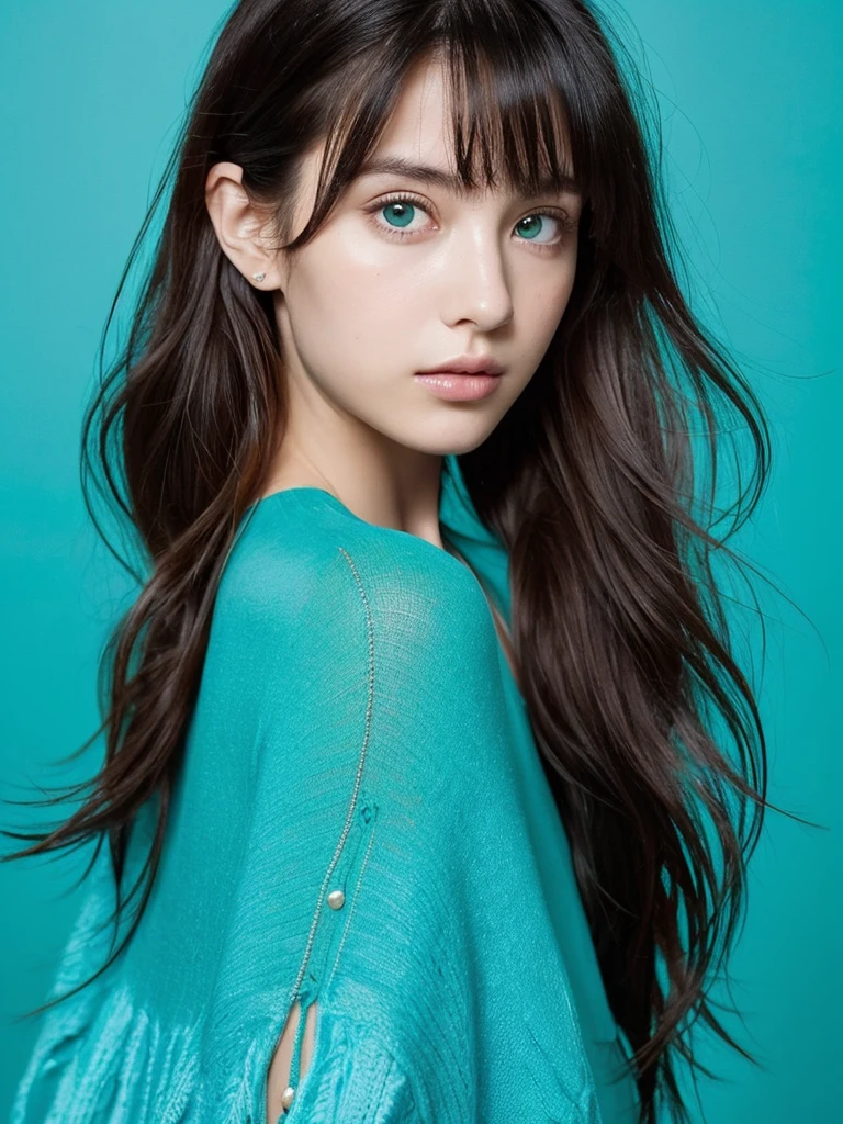 masterpiece), (highest quality), (Super detailed), (messy hair), (shape), (one girl), (fashionable clothes), Are standing, Fashion Model, (interview), (simple turquoise blue background), fine and beautiful eyes, delicate beautiful face, floating, (high color saturation),  focus on face, ponytail, black hair, bangs,floating Hairs, (shining), best writing, best shadow,stylish living room