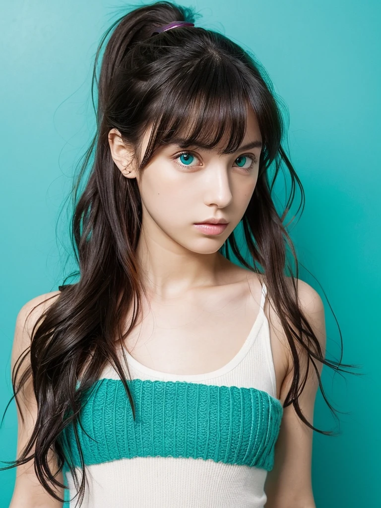 masterpiece), (highest quality), (Super detailed), (messy hair), (shape), (one girl), (fashionable clothes), Are standing, Fashion Model, (interview), (simple turquoise blue background), fine and beautiful eyes, delicate beautiful face, floating, (high color saturation), focus on face, ponytail, black hair, bangs,floating Hairs, (shining), best writing, best shadow,stylish living room