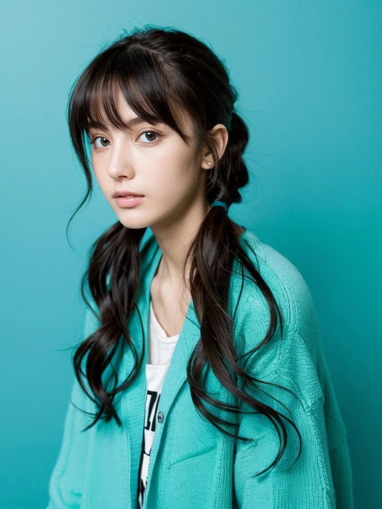 masterpiece), (highest quality), (Super detailed), (messy hair), (shape), (one girl), (fashionable clothes), Are standing, Fashion Model, (interview), (simple turquoise blue background), fine and beautiful eyes, delicate beautiful face, floating, (high color saturation), focus on face, ponytail, black hair, bangs,floating Hairs, (shining), best writing, best shadow,stylish living room