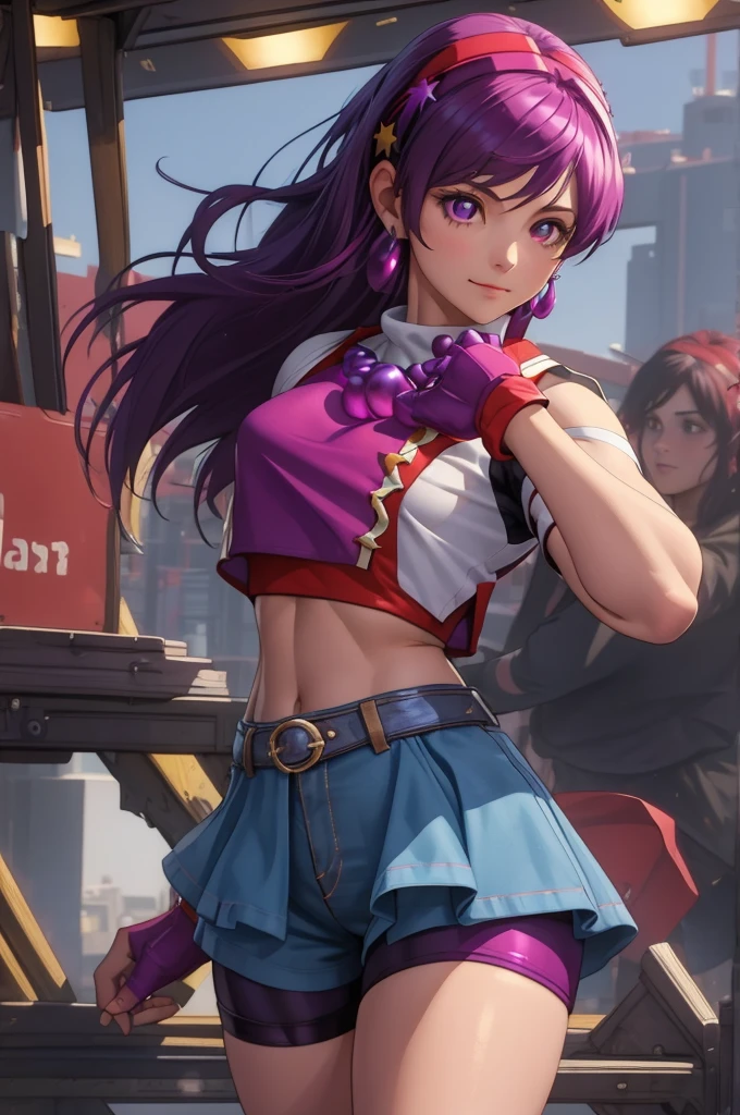 (masterpiece, best quality:1.2), cowboy shot,1girl,solo,purple hair,fingerless gloves,purple eyes,long hair,blue bike shorts,red crop top,star hair ornament,jewelry,earrings,hair ornament,white hairband