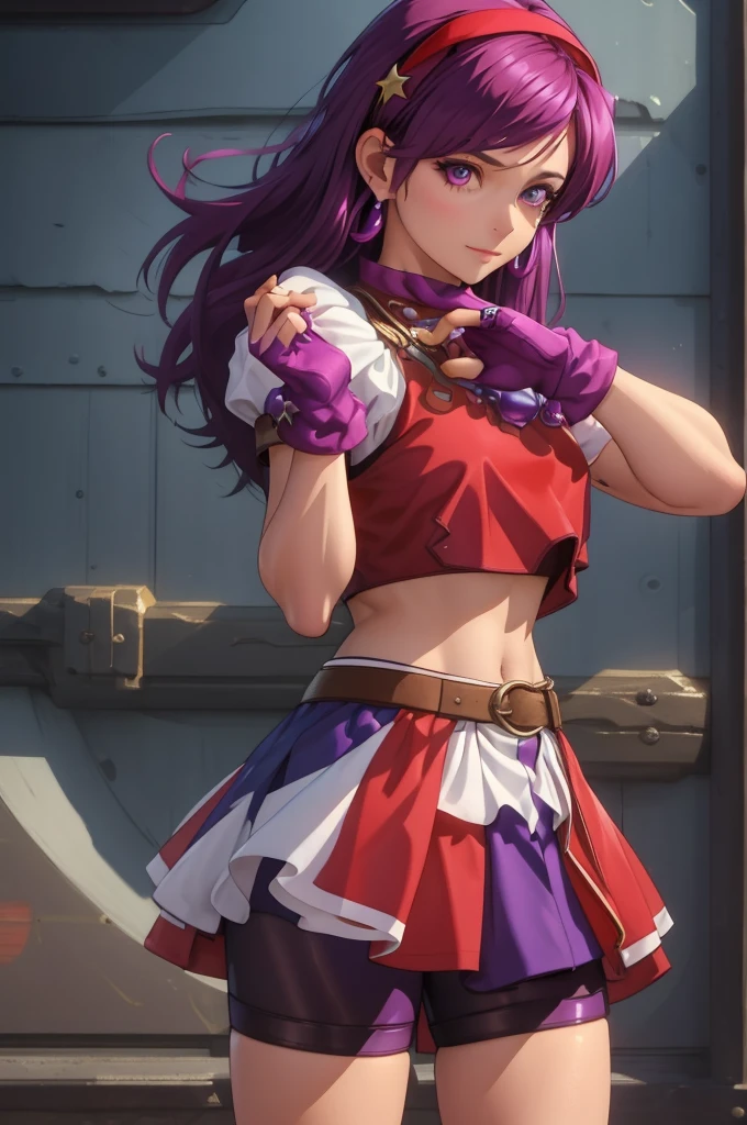 (masterpiece, best quality:1.2), cowboy shot,1girl,solo,purple hair,fingerless gloves,purple eyes,long hair,blue bike shorts,red crop top,star hair ornament,jewelry,earrings,hair ornament,white hairband