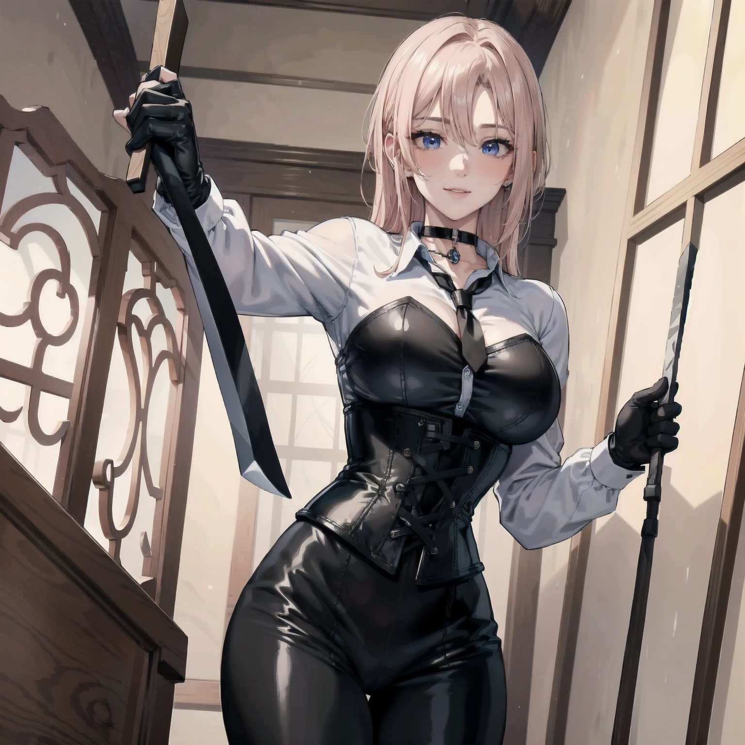 Masterpiece, Superior image quality, high resolution, 4k image,photo and gross, photorealistic, whole body, distant view, ung man of 15 years, enthusiasm pose, {{{vagina}}}, big breasts, beautiful face, Long blonde hair, blue eyes, very detailed eyes, pink cheeks, excited expression, drawing a happy smile, choker:1.6, (white collar button down long sleeve shirt), black gloves, gloves that cover hands, (holding an ax in the right hand), (black leather corset), (shiny black leggings), Sensual Lips, show details in the eyes, looking at the viewer, large elegant illuminated room