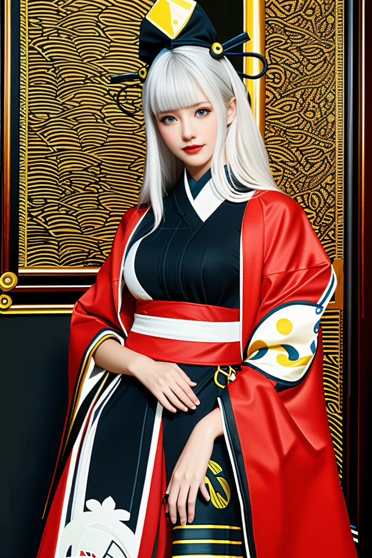 best quality, tmasterpiece,Ultra-high resolution,Clear face,（Reality：1.4），ferpect lighting，(upper body), (photorealistic:1.50), anime wallpaper, Guviz style artwork, cover-up fantasy up to magic , by Yang J, Guviz, beautiful artwork illustration, beautiful digital artwork, beautiful digital illustration, Li Song, beautiful anime portrait, art style in Beauvot, 1girl, 独奏, long hair, white hair, hair ornament, hair ribbon, bangs, purple eyes, double eyelids, blush, Red cheeks, kimono, wide sleeves, medium breast, shagging breasts, indoor, room, standing,