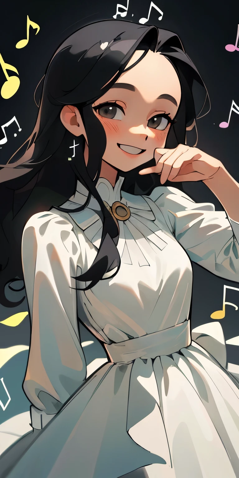 (Highest quality, masterpiece), One adult woman,whitish dress,Upper Body, A simple background with musical notes scattered throughout, View your audience,Long hair with a center part that shows the forehead ,Black Hair,Loosening perm,Happy smile