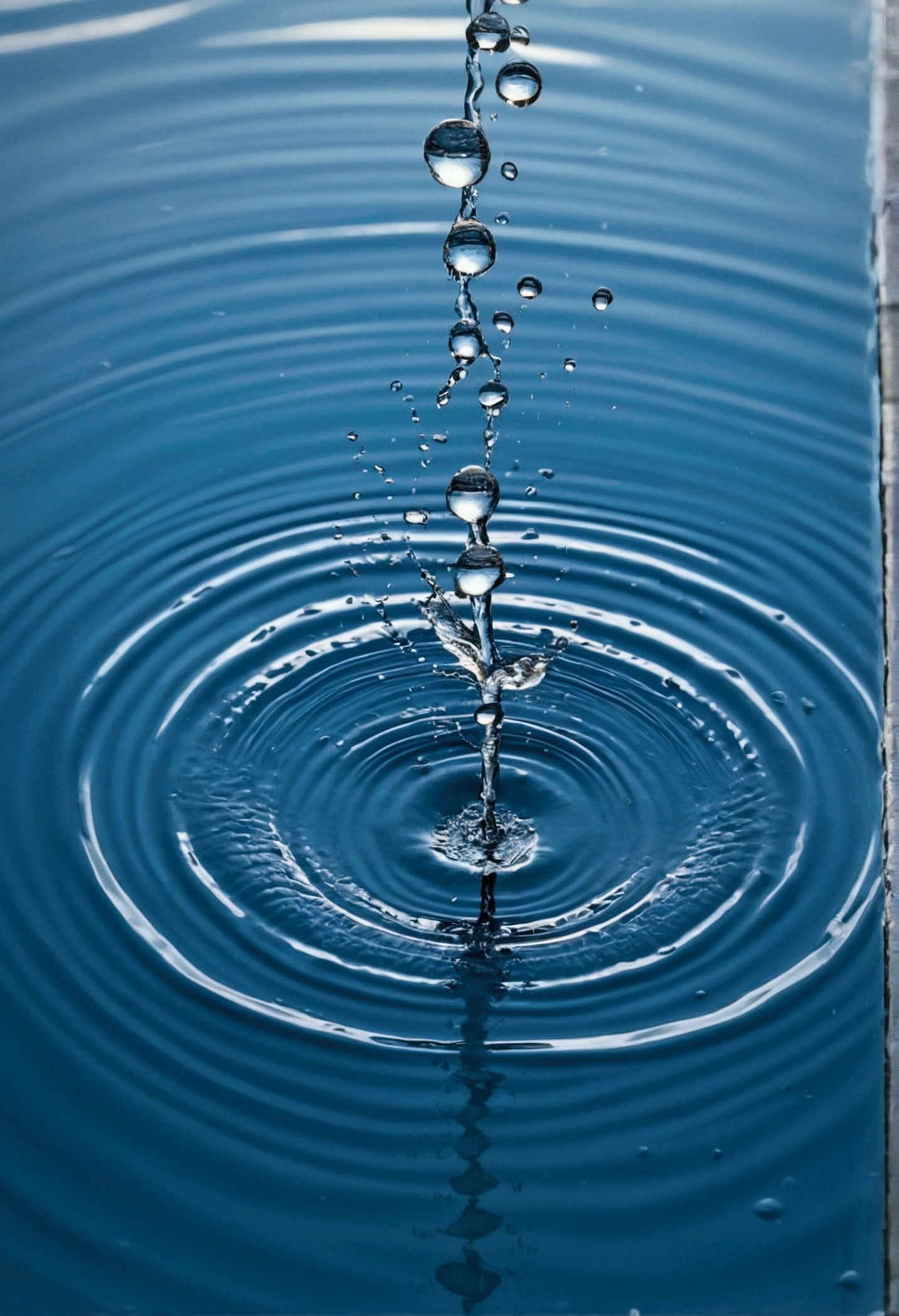 a high-resolution shot of multiple water droplets falling into a pool of water, freezing the moment of impact and capturing the mesmerizing ripples
