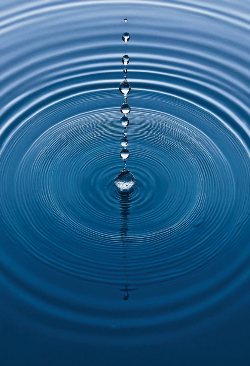 a high-resolution shot of multiple water droplets falling into a pool of water, freezing the moment of impact and capturing the mesmerizing ripples
