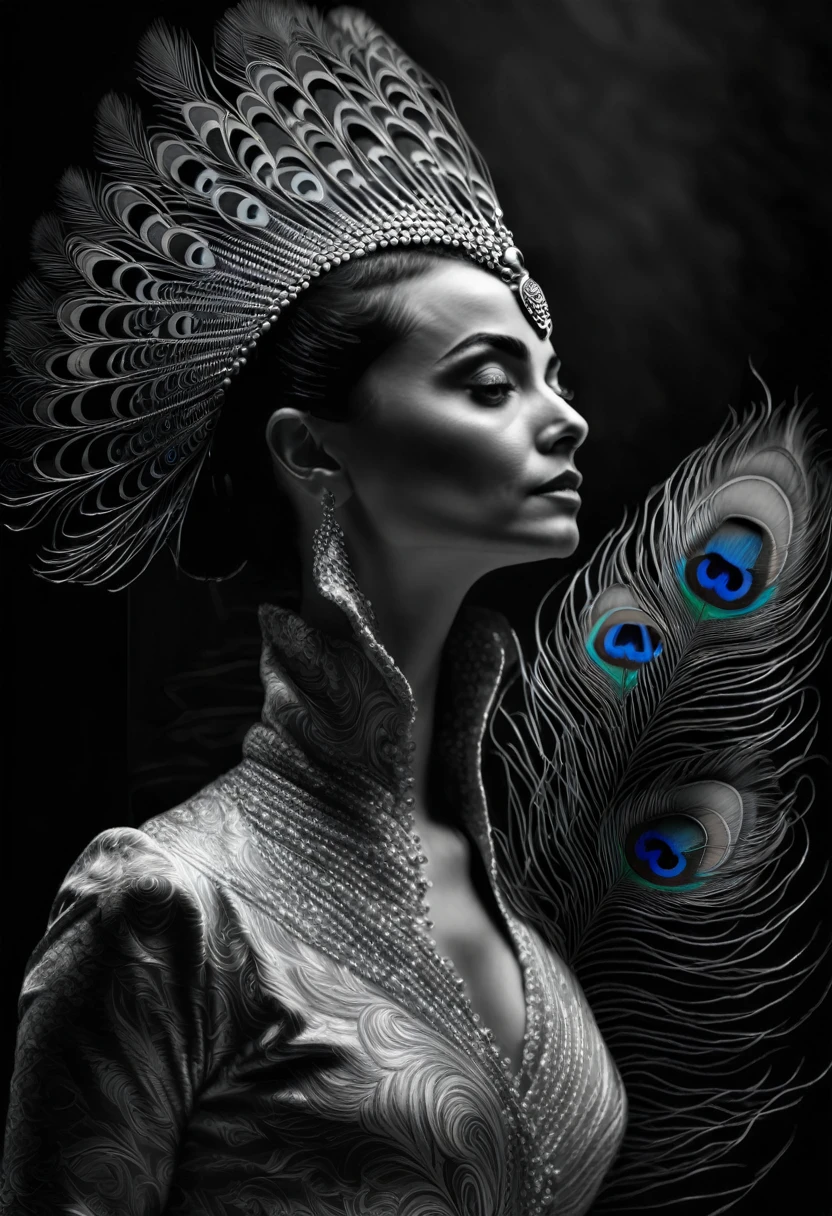 black and white, ultra clear raw photo of woman with a peacock feather, close up, dark background