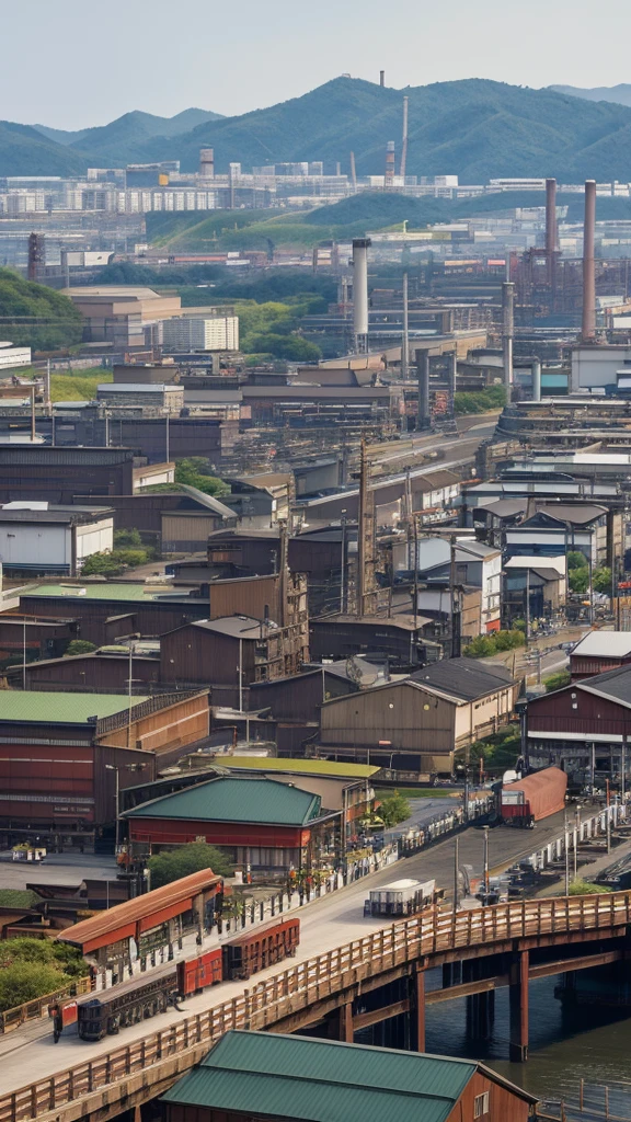 "An image of bustling industrial scenes from Meiji-era Japan, with factories, railways, and modern infrastructure, and Eiichi Shibusawa's portrait superimposed, highlighting his contributions to Japan's economic development."