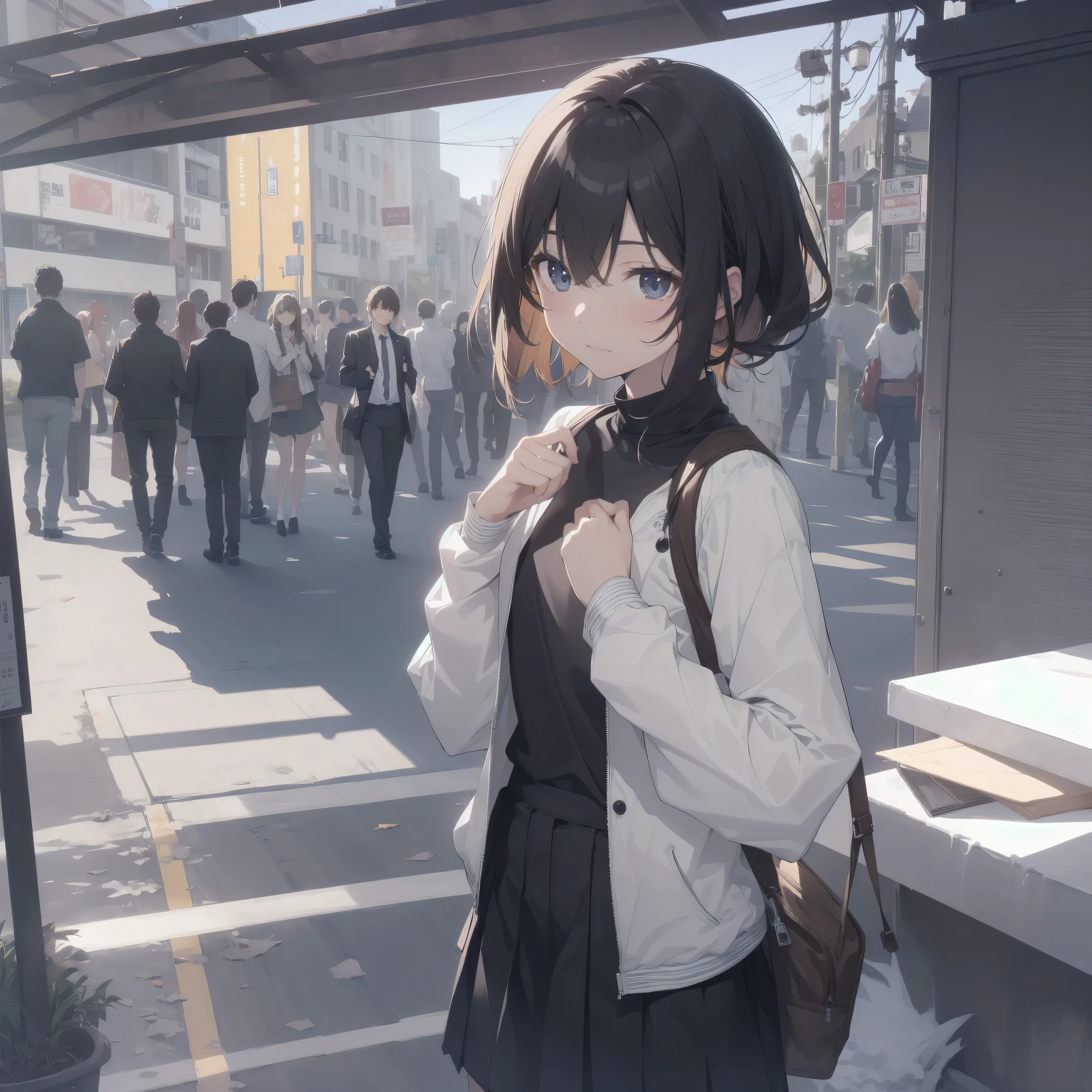 ultra-absurdres-Top quality by artist God, ultra-detailed, high resolution, anime moe artstyle, best anime 8k konachan wallpaper, pixiv contest winner, pool:2810, perfect anatomy,break, 1girl, (Please draw a girl walking sleepily to school alone. )break,(Solo,little female, -yeld:1.Full limbs, complete fingers,a junior hihort hair), short cut, flat chest, , small butt, small black eyes, beautiful detailed eyes, well-proportioned iris and pupils, expressive eyes, highres detailed hair, soft expression, school_uniform, pleated skirt,(Detailed Lighting), (Detailed background), in the School commute route. break,super detailed skin, Best cinematic lighting powered by famous artist, 8k,beauty illustration,photoshop_(medium),very aesthetic,break,((artist:tomose_shunsaku )), artist:clamp ,artist:carnelian ,artist:kantoku ,