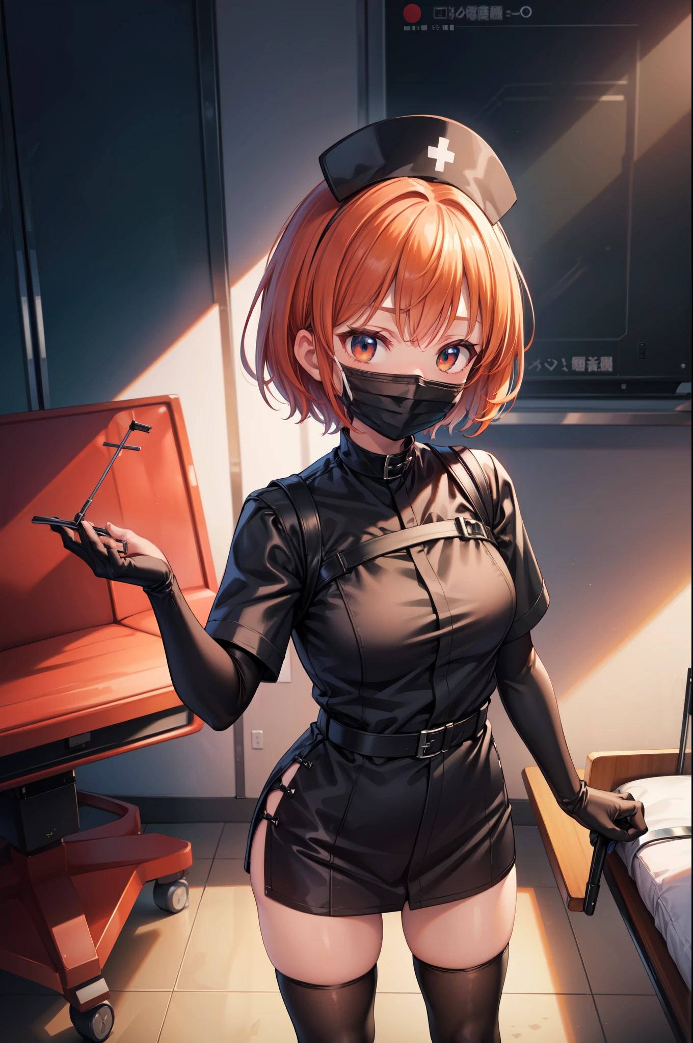 black nurse, 1girl, solo, black nurse cap, black nurse uniform, ((black legwear, zettai ryouiki)), black elbow gloves, very short hair, orange hair, ((black surgical mask, covered nose)), standing, ((surgery room)), sharp outline, short sleeves, tomboy, boyish, best quality, masterpiece