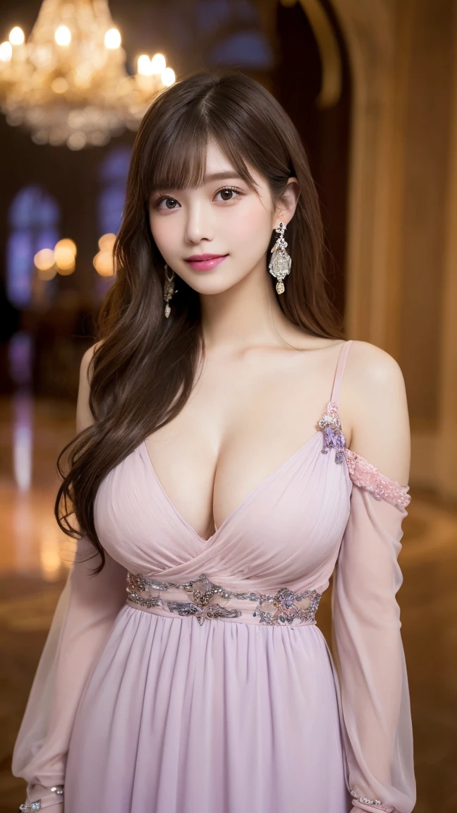 Tabletop, Highest quality, shape, Very detailed, In detail, High resolution, 8k wallpaper, Perfect dynamic composition, Beautiful attention to detail, Browsing Caution, whole body, Random sexy poses, (Light brown hair), Blunt bangs, Wavy Hair, (((Ridiculously long hair))), (((beautiful and voluminous breasts))), (Realistic Skin), Natural color lip, (The best smile), (Princess), Beautiful 17 year old girl with a voluptuous body, (Sexy pink and light purple see-through long dress with delicate and beautiful embellishments:1.5), (A grand hall with a magnificent palace as a backdrop:1.2), (Bonfire), Earrings, meanwhile, bracelet, tiara