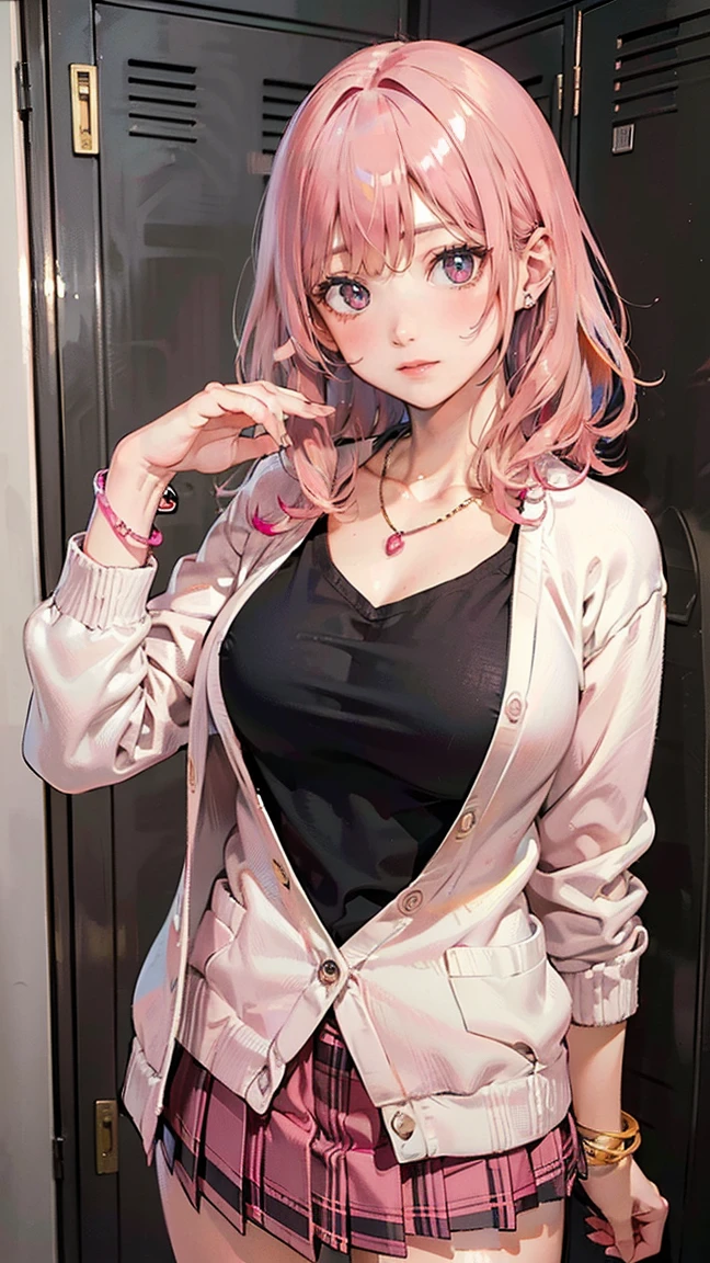 (Masterpiece, BestQuality:1.3), (ultra detailed:1.2), (hyperrealistic:1.3), (RAW photo:1.2), High detail RAW color photo, professional photograph, (Photorealistic:1.4), (realistic:1.4), (Pink Hair:1.5), professional lighting, perfect anatomy, (Big Breasts:1.2), (blush, detailed face), (cheerful Smile:1.5), Trending Hair&Trending Hairカラーをランダムに, earrings, necklace, bracelet, sexly, erotic sexly, Random sexy gravure poses, (White cardigan and checked pleated skirt、Background is a school hallway、A pose that emphasizes the chest and leans against the locker。: 1.3)